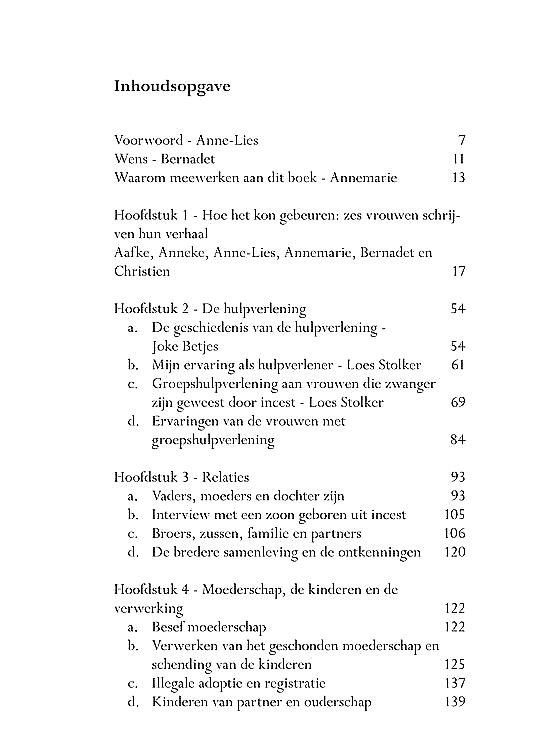 Aafke, Anneke, Anne-Lies,  Annemarie, Bernadet, Christien . [ isbn  9789089544353 ]  5017 - Aan het Licht . ( Zwangerschap en kinderen krijgen door incest . )  Over incest is en wordt veel geschreven. Maar waar je eigenlijk nooit iets over hoort, terwijl het 2 % van de vrouwelijke slachtoffers overkomt, is dat uit misbruik zwangerschappen -