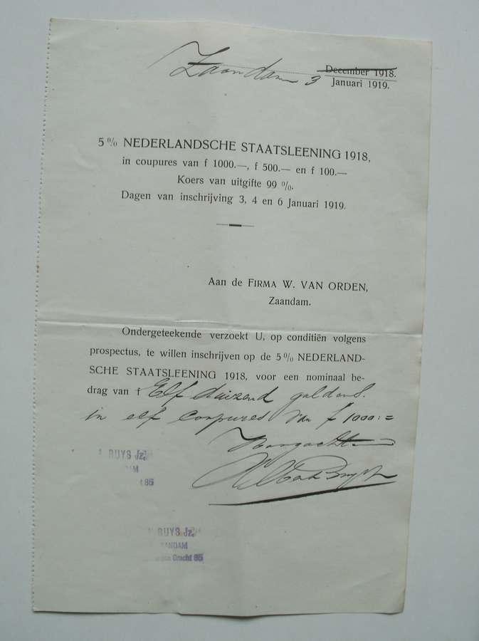(genealogie, zaanstreek). - Ondergeteekende (A. Buys Jzn.) verzoekt u, op conditien volgens prospectus in te schrijven op de 5% Nederlandsche staatslening 1918.