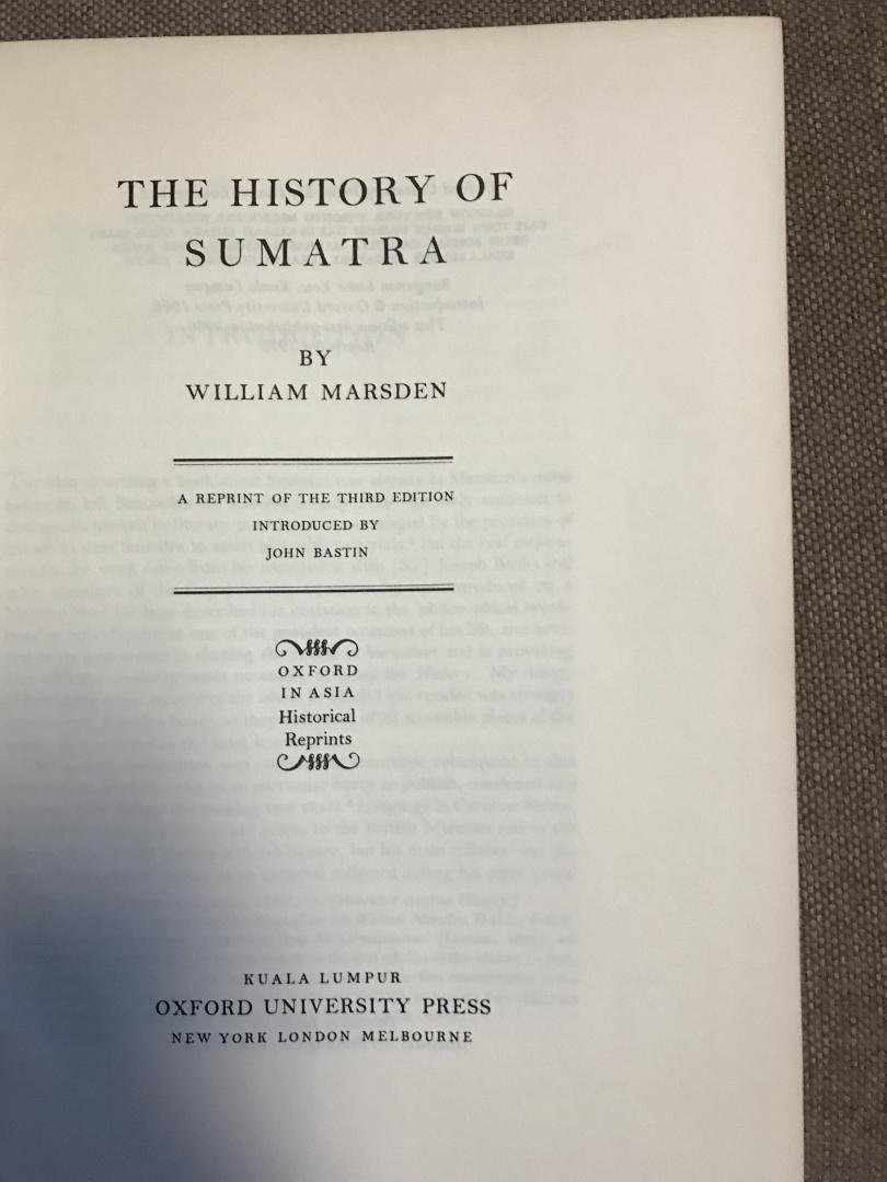Maasden, William - The history of Sumatra / With an introduction by John Bastin