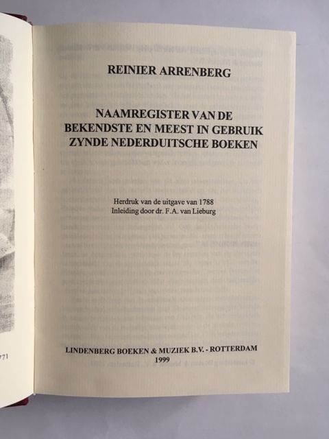 Arrenberg, Reinier - Naamregister van de bekendste en meest in gebruik zijnde Nederduitsche boeken, welke sedert het jaar 1600 tot het jaar 1761 zijn uitgekomen