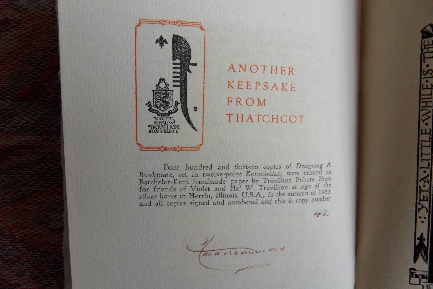 Trovillion, Hal W. [ GESIGNEERD door de auteur ]. - Designing A Bookplate. [ Numbered copy 42 / 413 ].