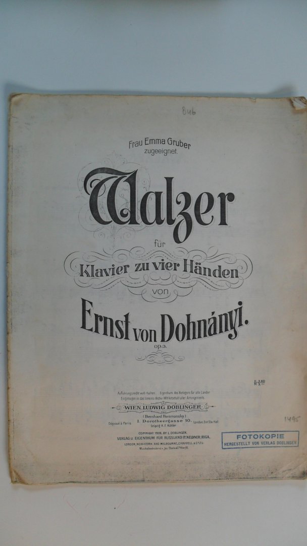 Dohnanyi Ernst von ( Frau Emma Gruber zugeeignet) - Walzer fur Klavier zu vier Handen