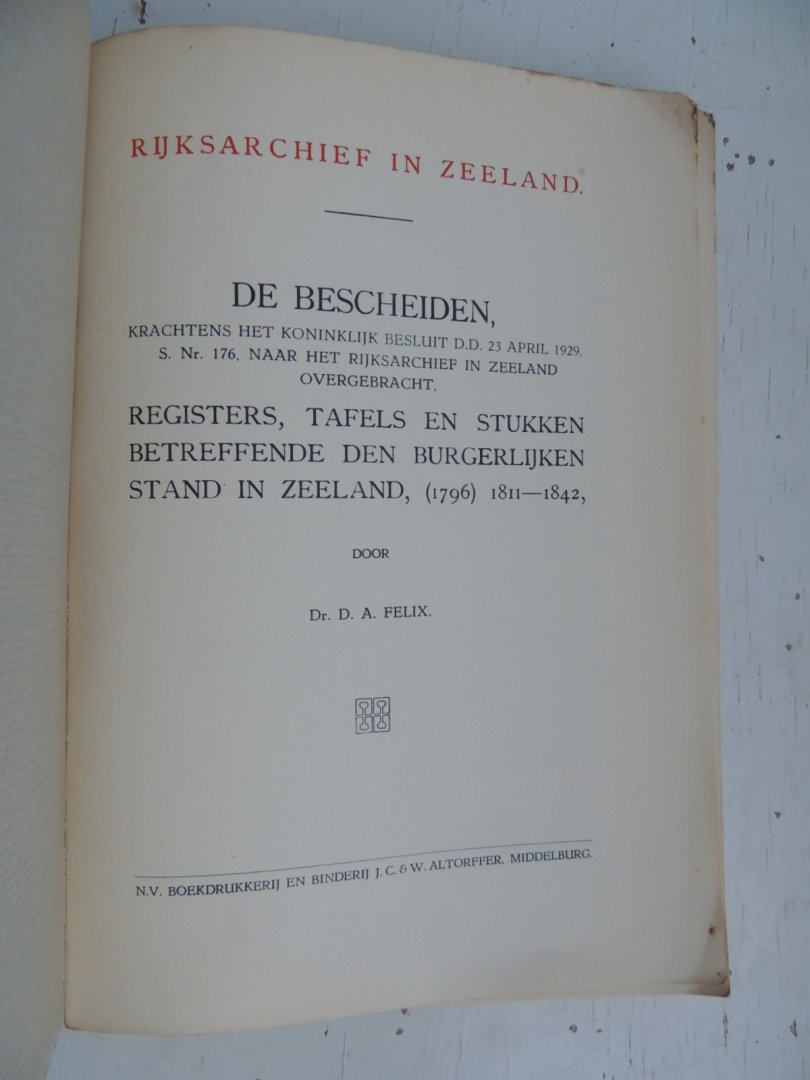 Felix Dina Albertina - De bescheiden, krachtens het Koninklijk Besluit d.d. 23 April 1929, S.Nr. 176, naar het Rijksarchief in Zeeland overgebracht : registers, tafels en stukken betreffende den Burgerlijken Stand in Zeeland, (1796) 1811-1842