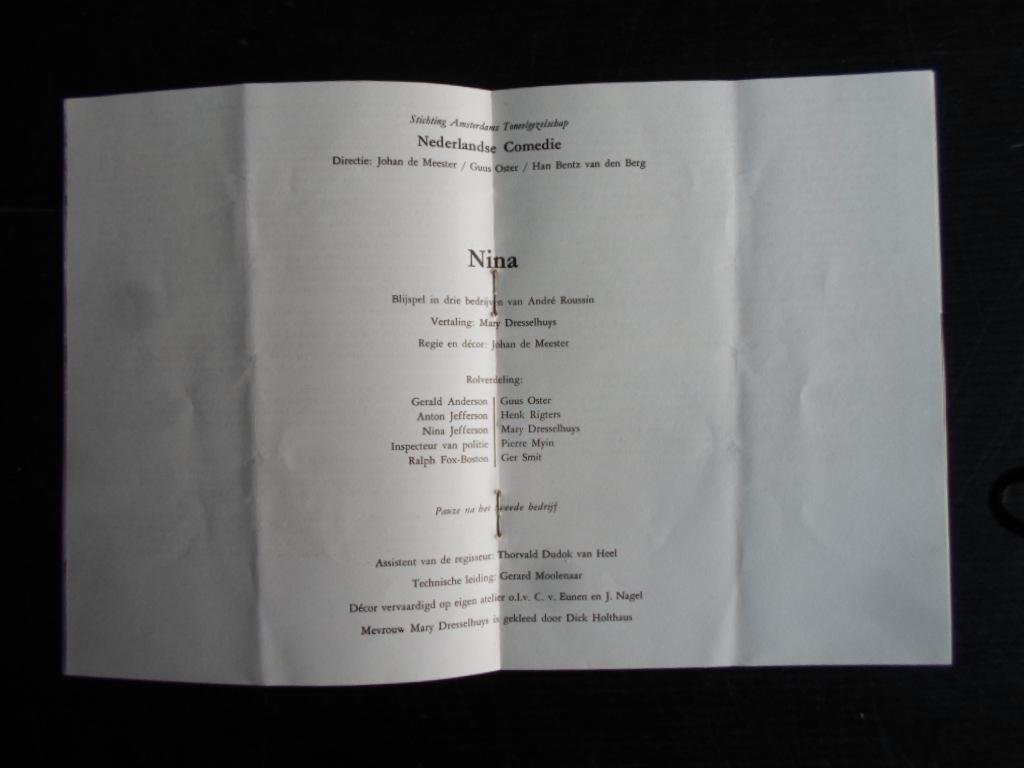 Programmaboekje - Nina, met Mary Dresselhuys, Nederlandse Comedie, Koninklijke Schouwburg ’s-Gravenhage