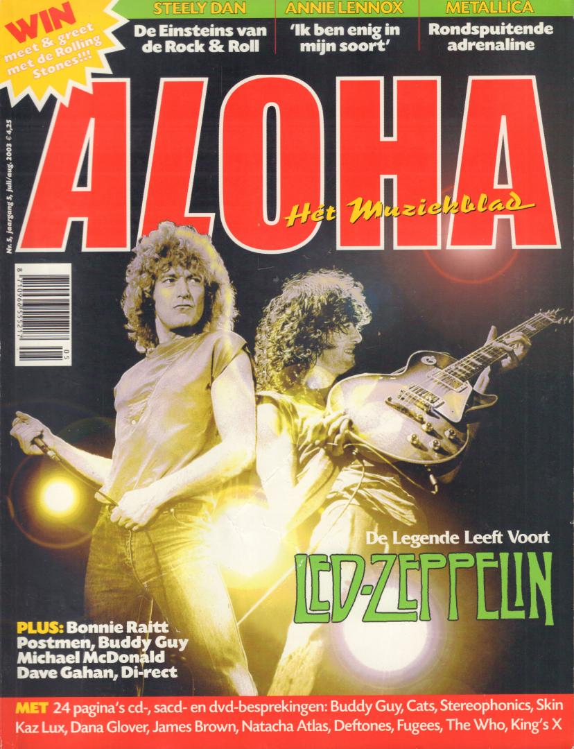 Magazine Aloha - ALOHA 2003 nr. 05, Nederlands muziekblad met o.a. MICHAEL MCDONALD (2,5 p.)/METALLICA (6 p.)/ANNIE LENNOX (5 p.)/POSTMEN (2 p.)/LED ZEPPELIN (6 p.)/DAVE GAHAN (2 p.)/STEELY DAN (5 p.)/BONNIE RAITT (2 p.)/DI-RECT (4 p.), goede staat (kleine bes...