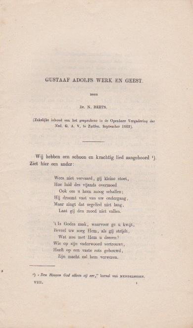 Beets, Nicolaas - Gustaaf Adolfs werk en geest. (Zakelijke inhoud van het gesprokene in de Openbare Vergadering der Ned. G. A. V. te Zutfen, September 1863)