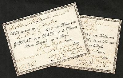 (JACOBUS BOELEN). NIEUWE PLAATS ROYAAL - Twee gedrukte uitnodigingen voor de viering van het 25-jarig huwelijk, op 4 Julij 1783, van Bernard Donselaar en Sara Catharina van Eijck.