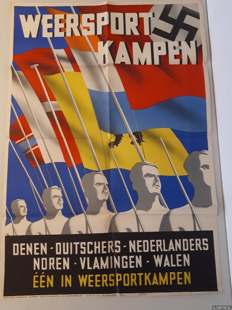 Poster WOII - Weersport kampen: Denen, Duitschers, Nederlanderds, Noren, Vlamingen, Walen één in weersportkampen