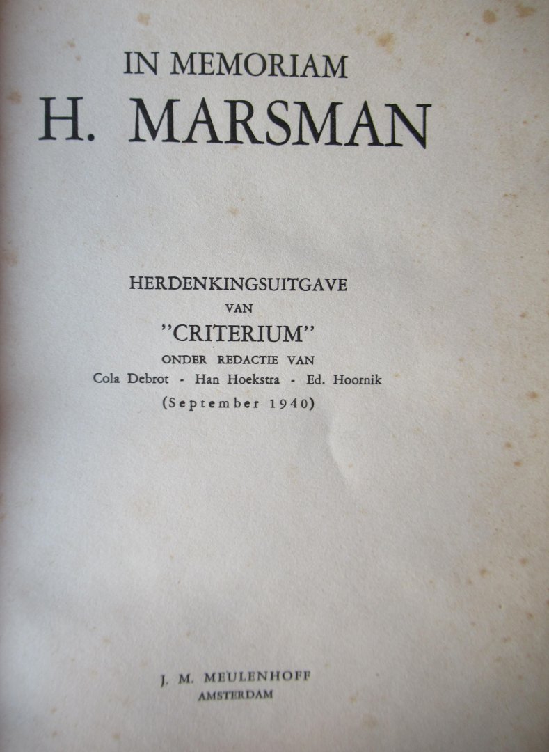 Debrot, Cola, Hoekstra, Han ,Hoornik, Ed (red.) - In memoriam H marsman