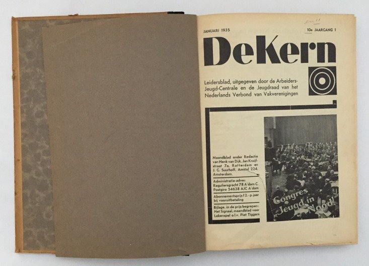 Dijk, Henk van, J.G. Suurhoff, - De Kern. Leidersblad, uitgegeven door de Arbeiders-Jeugd-Centrale en de Jeugdraad van het Nederlands Verbond van Vakverenigingen, 10e jaargang 1935, no. 1-12/ 11e jaargang, no. 1-no. 12, 1936. [Jaargang 10-11, 1935, 1936 in 1 band]