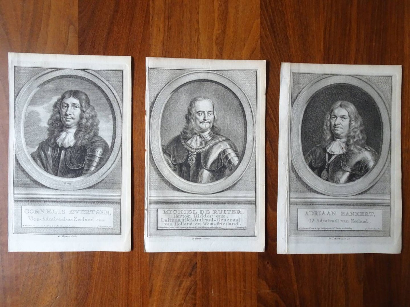 Houbraken J.. - Drie 18e-eeuwse portretten van Zeeuwse zeehelden: Michiel de Ruiter, Cornels Evertsen en  Adriaan Bankert.