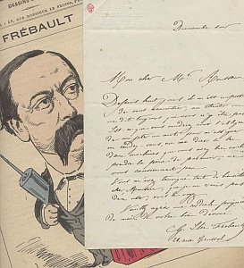 FRÉBAULT, G. Elie - Lettre autographe signée (LAS) à Monsieur E. Rousseau, Théâtre des Variétés. (Avec une page de 'Les Hommes d'Aujourd'hui', 1880).