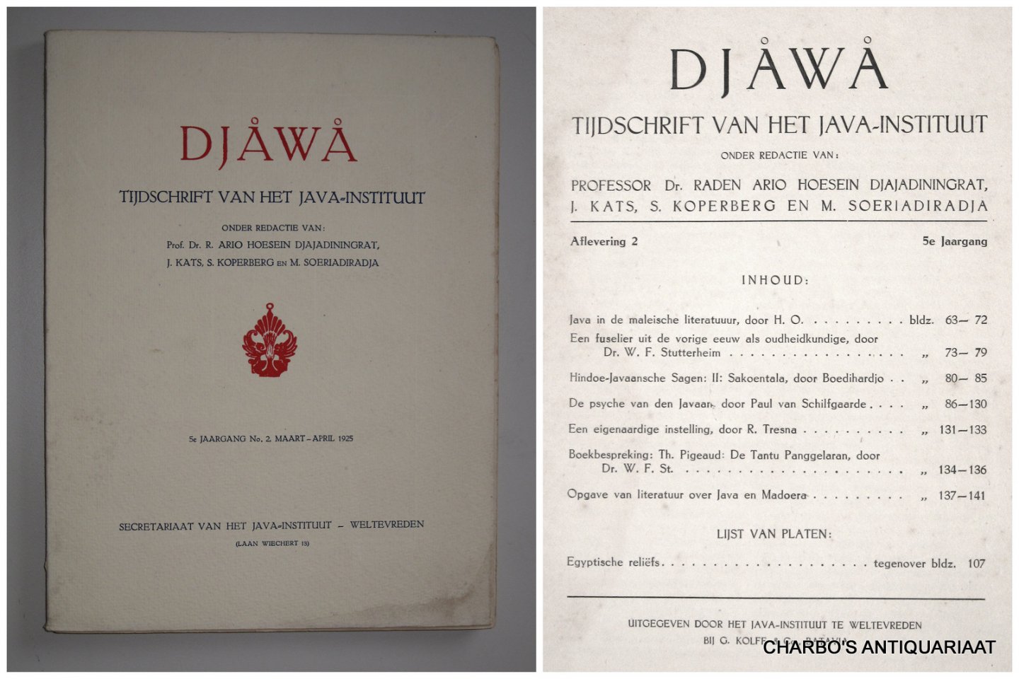 DJAJADININGRAT, RADEN AR IO HOESEIN (et al, eds.), - Djawa. Tijdschrift van het Java-Instituut. 5e jaargang, aflevering 2 (Maart-April 1925).