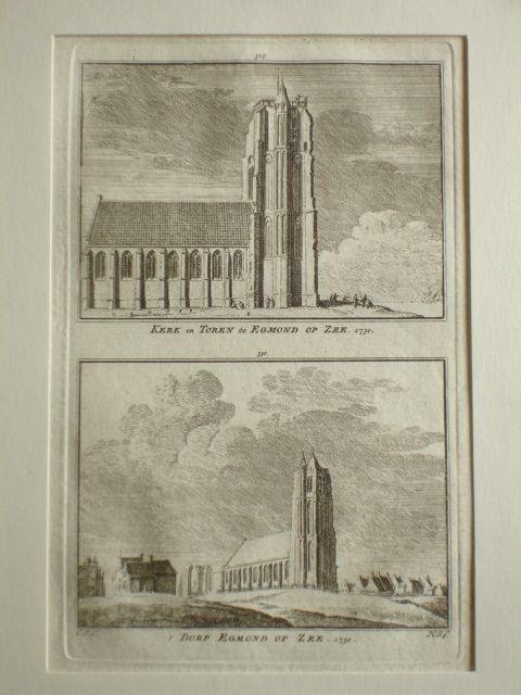 Egmond. - Kerk en Toren te Egmond op Zee. 1730. - 't Dorp Egmond op Zee. 1730.