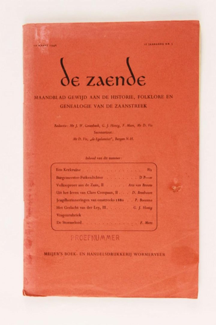 Diversen - De zaende  Maandblad gewijd aan de historie, folklore en genealogie van de zaanstreek. Proefnummer 1946 10 maart 1946 1e jaargang NR 3. (3 foto´s)