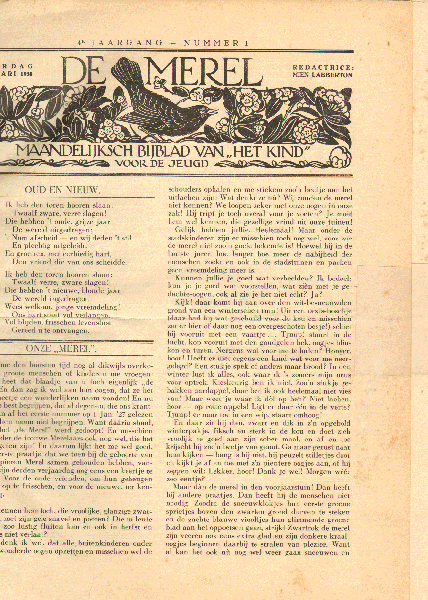 Labberton, Mien (redactie) - Jaargang 1930 "De Merel", Maandelijksch bijblad van "Het Kind" voor de jeugd, 4e jaargang, 12 nummers, ingebonden, goede staat