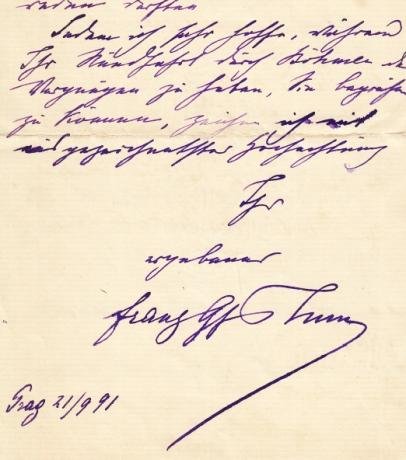 THUN UND HOHENSTEIN, Franz Graf von - Handschriftlicher Brief an einem 'Sehr verehrter Herr', datiert Prag 21/9 [18]91.