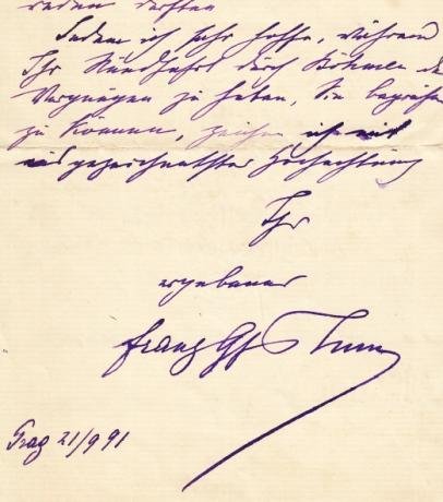 THUN UND HOHENSTEIN, Franz Graf von - Handschriftlicher Brief an einem 'Sehr verehrter Herr', datiert „Prag 21/9 [18]91“.