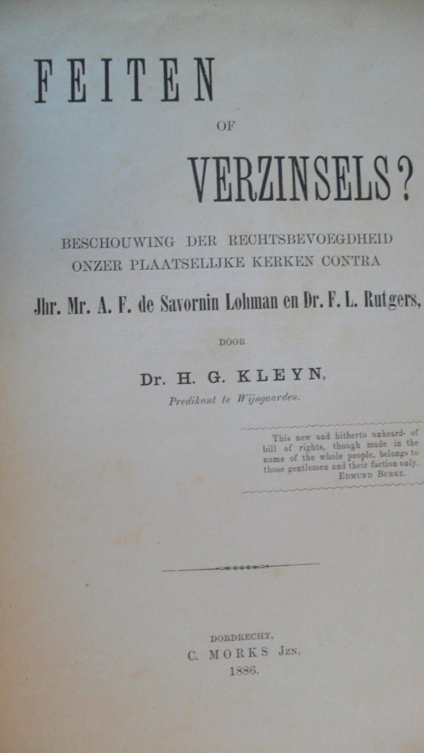 Savornin Lohman Jhr. Mr. A.F. de en Dr. F.L. Rutgers - FEITEN OF VERZINSELS ?