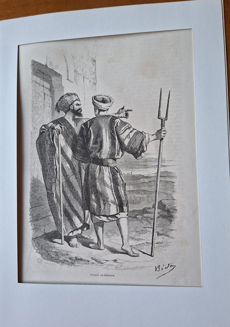  - Houtgravure 'Inwoners van Betlehem' in passe-partout