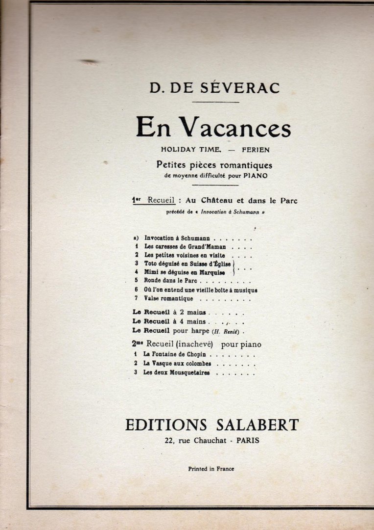 Severac, Deodat de - En Vacances Petit pieces Romantiques. Sheet music