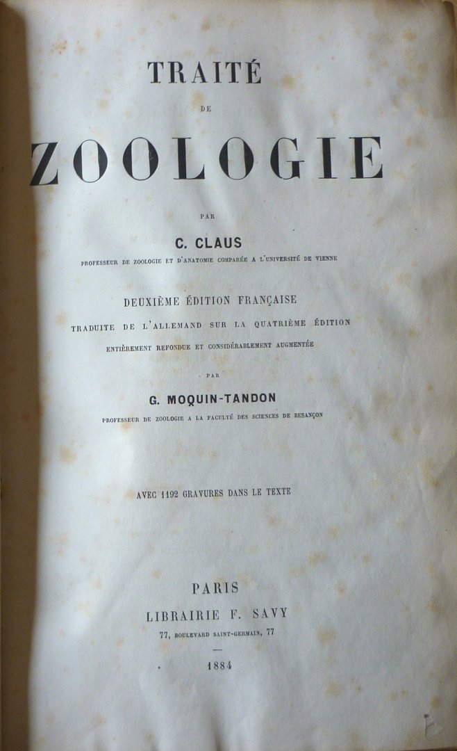 Claus, C.   Moquin-Tandon G. - Traité de Zoologie
