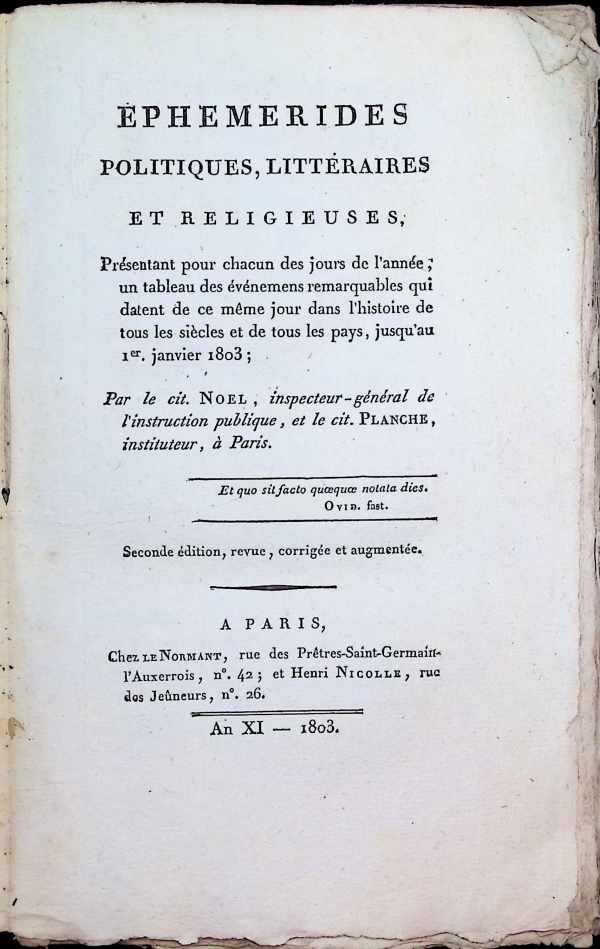 Noel   Planche - Ephemerides politiques, littéraires et religieuses Février 1803