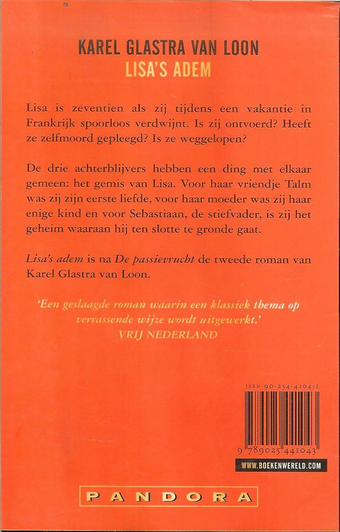Glastra van Loon, Karel . Omslagontwerp Annemarie van Pruyssen te Arnhem - Lisa's Adem