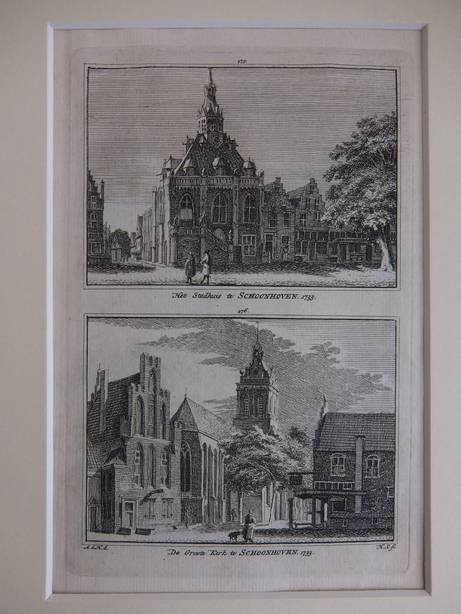 Schoonhoven. - Het Stadhuis te Schoonhoven, 1733/ De Groote Kerk te Schoonhoven, 1733.