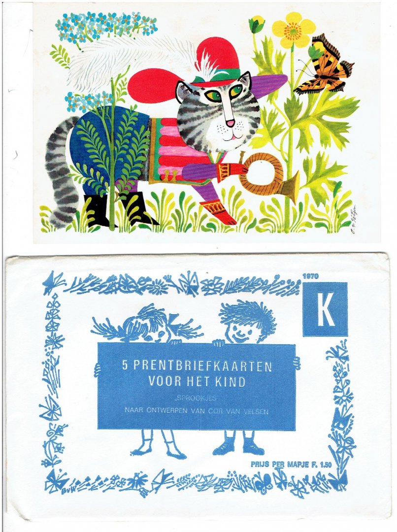 VELSEN, Cor van - 5 Prentbriefkaarten voor het kind ''Sprookjes'' naar ontwerpen van Cor van Velsen [+ rebus-kaart].