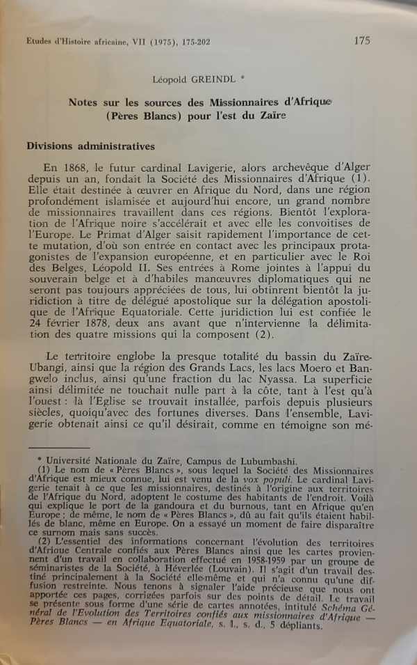 GREINDL Léopold - Notes sur les sources des Missionnaires d'Afrique (Pères Blancs) pour l'est du Zaïre