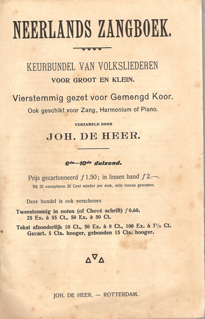 Heer, Joh. de ( samensteller) - Neêrland's Zangboek. Keurbundel van volksliederen voor groot en klein