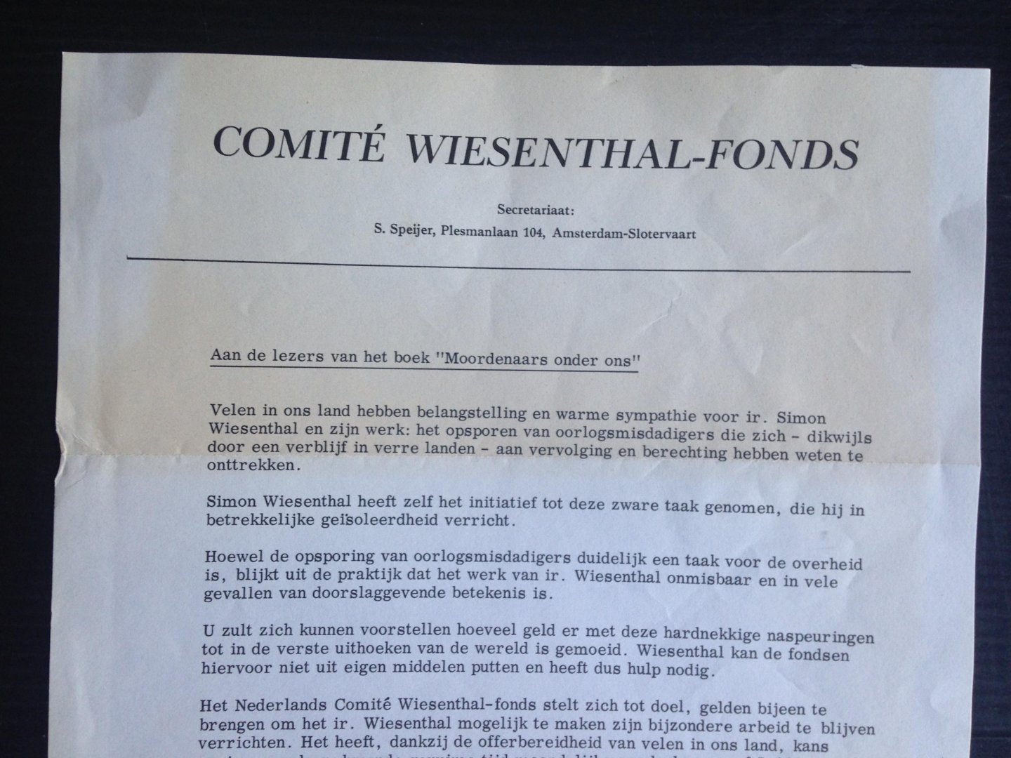 Schrijven - Comité Wiesenthal-Fonds
