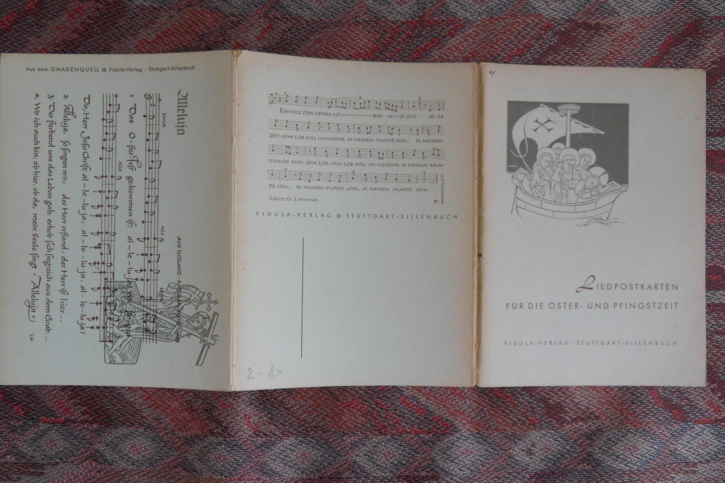 Gnadenquell (bron van herkomst teksten). - Liedpostkarten für die Oster- und Pfingstzeit. [ mapje bevat acht losse kaarten met muzieknotatie en grafische afbeelding].