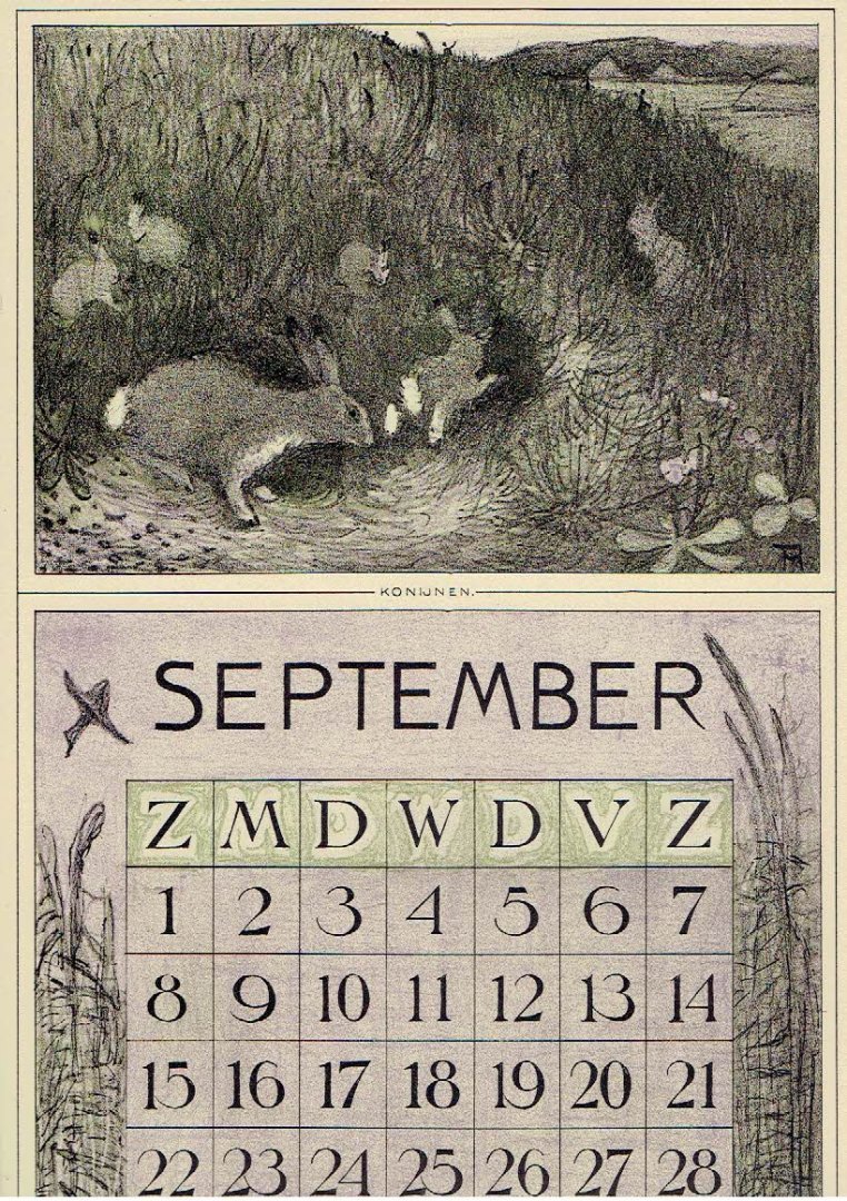 HOYTEMA, Theo van [HOIJTEMA] - Kalenderblad T. v. Hoytema - Konijnen - september  - kalenderjaar 1911.