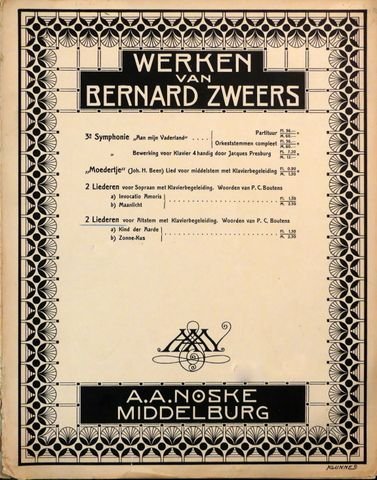 Zweers, Bernard: - 2 liederen voor sopraan met klavierbegeleiding. Woorden van P.C. Boutens