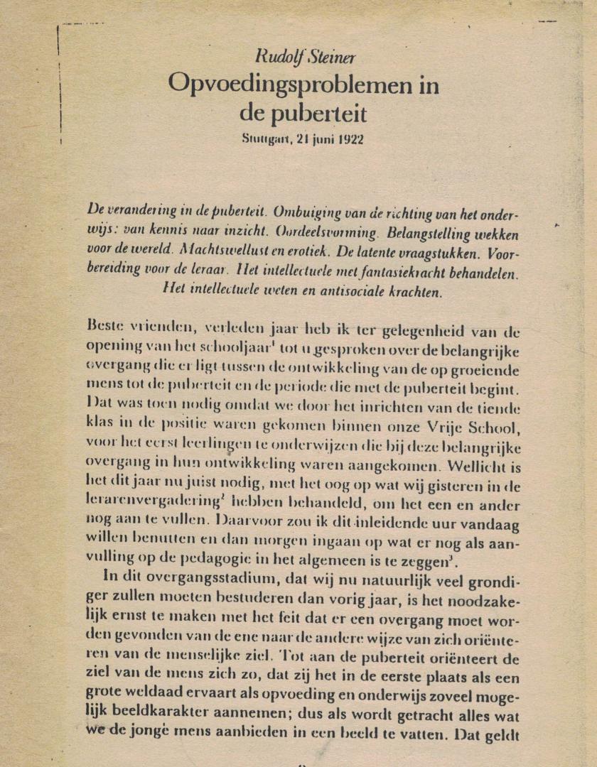 Steiner, Rudolf - Opvoedingsproblemen in de puberteit - Stuttgart, 21 juni 1922