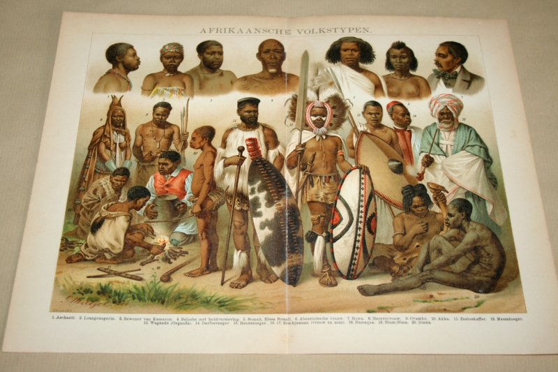  - Antieke kleuren lithografie - Volkeren / Volkstypen van Afrika - circa 1905