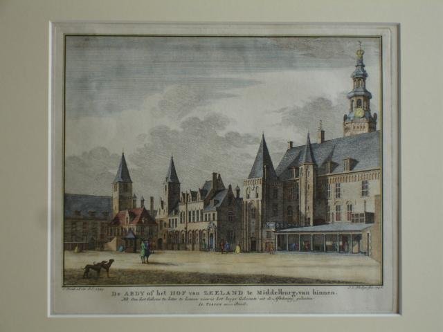 Middelburg. - De Abdy of het Hof van Zeeland te Middelburg, van binnen. Nb. Om het Gebouw te beter te konnen zien is het hooge Geboomte uit de Aftekening gelaaten.