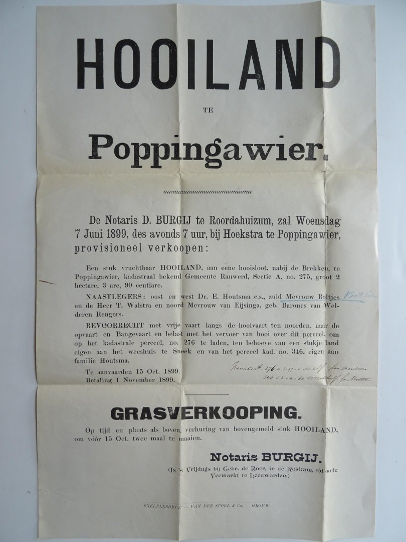  - Aanplakbiljet: 1899 Poppingawier Hooiland en grasverkooping, Openbare verkoping