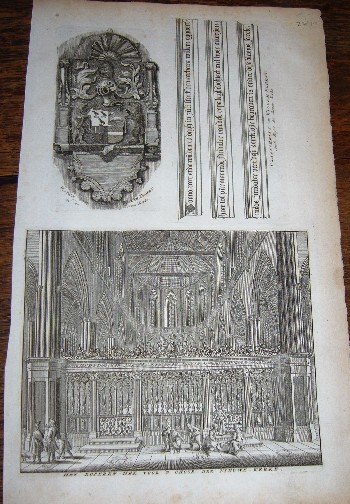 antique print (prent) - het koperen hek voor `t choor der Nieuwe Kerke. Grafschrift van Willem Eggert, heer van Purmerend (Nieuwe kerk, Amsterdam).