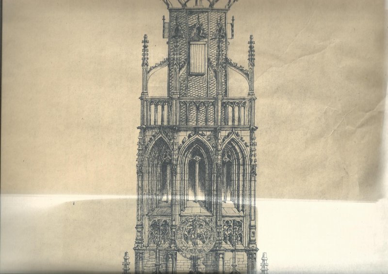Reder, H.Th. (tekening) - Schetsplan voor de restauratie van de toren van de Bakenesserkerk, schaal 1:50. Westgevel.