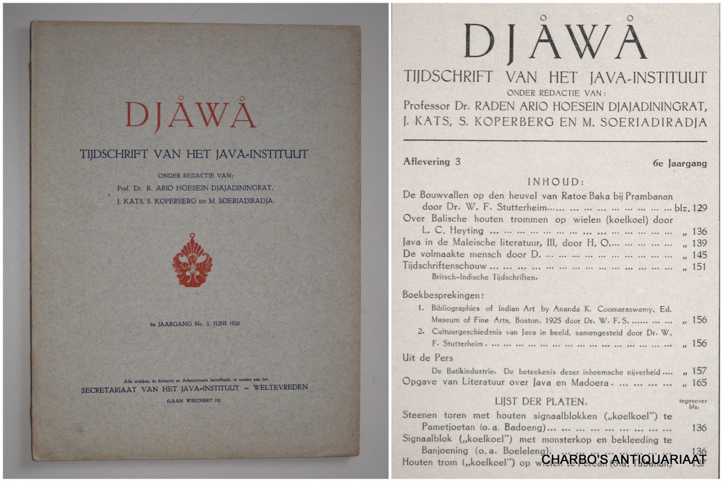 DJAJADININGRAT, RADEN AR IO HOESEIN (et al, eds.), - Djawa. Tijdschrift van het Java-Instituut. 6e jaargang, aflevering 3 (Juni 1926).
