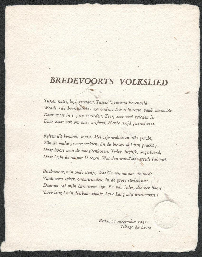 n.n - bredevoorts volkslied ( omslagtitel: Bredevoort bezoekt Redu 21 nov. 1992