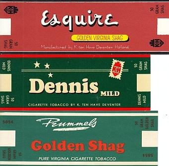 HAVE, K. ten, Prummel - Drie ongebruikte etiketten voor pakjes shag. Circa 1940?