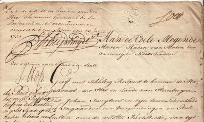 SWRIJTERS-VAN KINSCHOT, Catharina - Requeste voor de Magistraat der Stad en Lande van Steenbergen. (Handgeschreven document, ca. 1750).