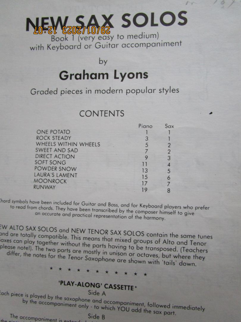 Lyons, Graham - 1 New Alto Sax Solos;  Book 1 very easy to medium with keyboard accompaniment