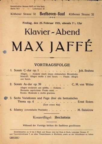 Beethovensaal: - [Programmzettel] Beethovensaal. Freitag, den 25. Februar 1921, abends 7½ Uhr. Klavier-Abend Max Jaffé