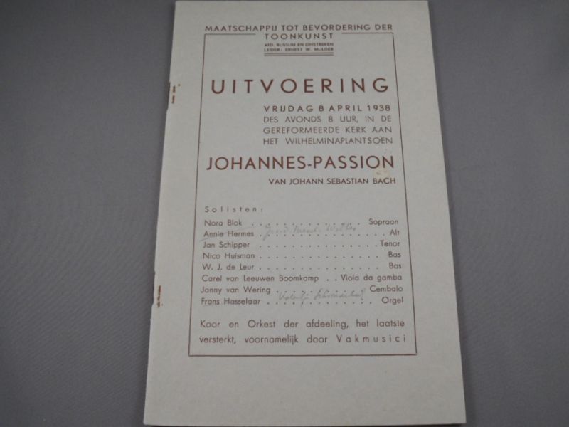 Maatschappij tot bevordering der Toonkunst, afd. Bussum - Bach: programmaboekje, Johannes-Passion 1938