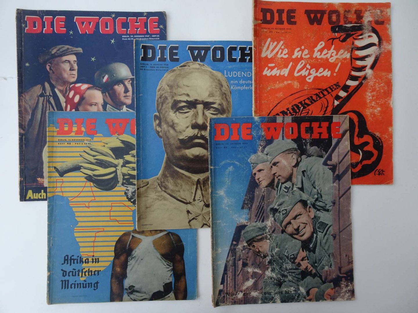 N.n.. - Die Woche. Dezember 1937, Heft 52. Januar 1938, Heft 1. Oktober 1940, Heft 43. Oktober 1940, Heft 44. November 1940, Heft 46. 5 vols.